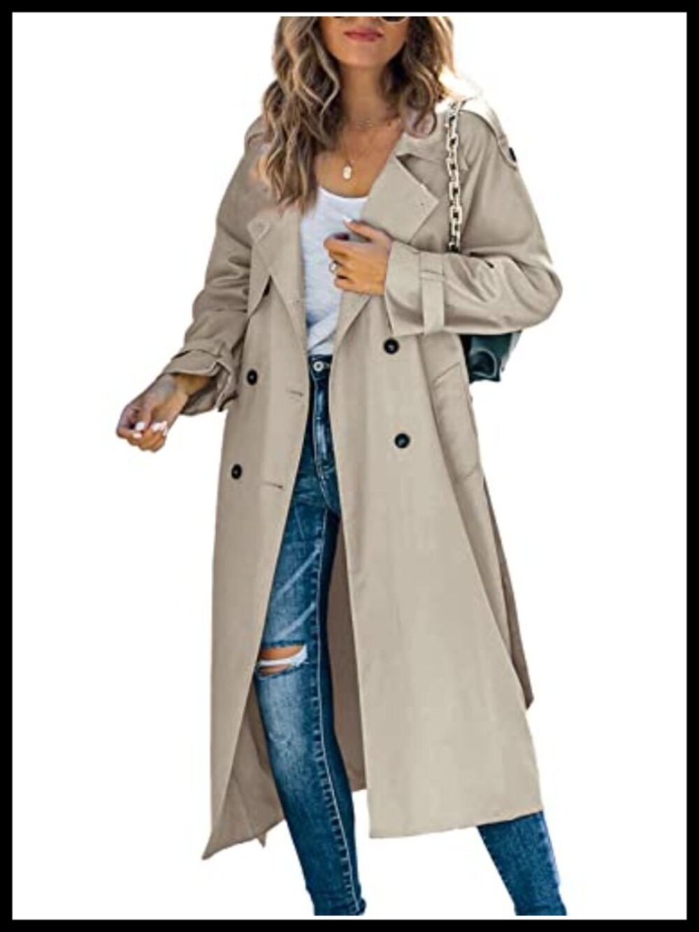 Womens Long Trench Coat Double Breasted Windproof Overcoat With Belt